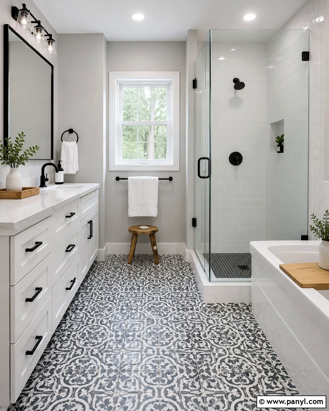 Grey Bathroom With Patterned Floor - 20 Bathrooms With Grey Walls