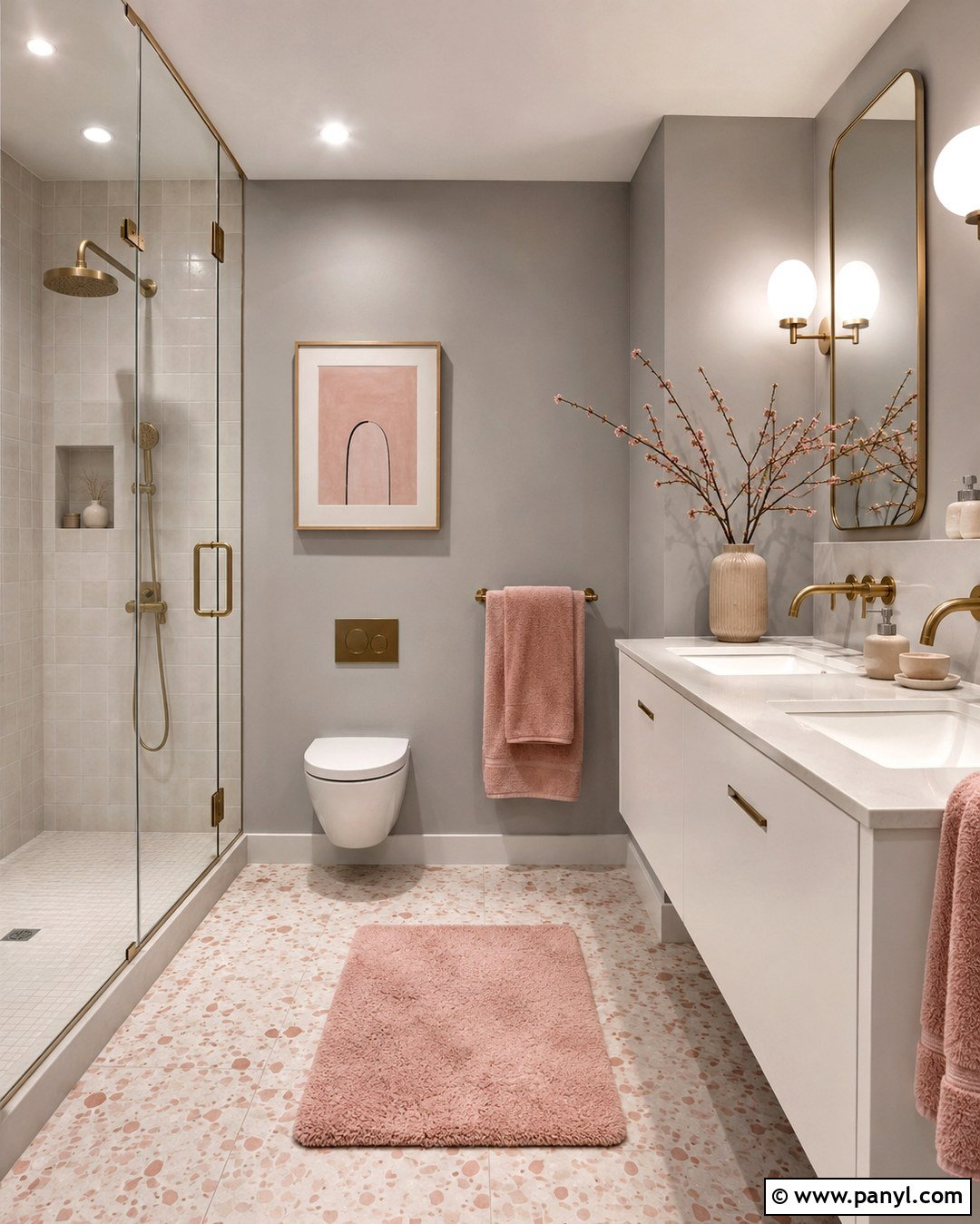 Grey Bathroom With Pink Accents - 20 Bathrooms With Grey Walls