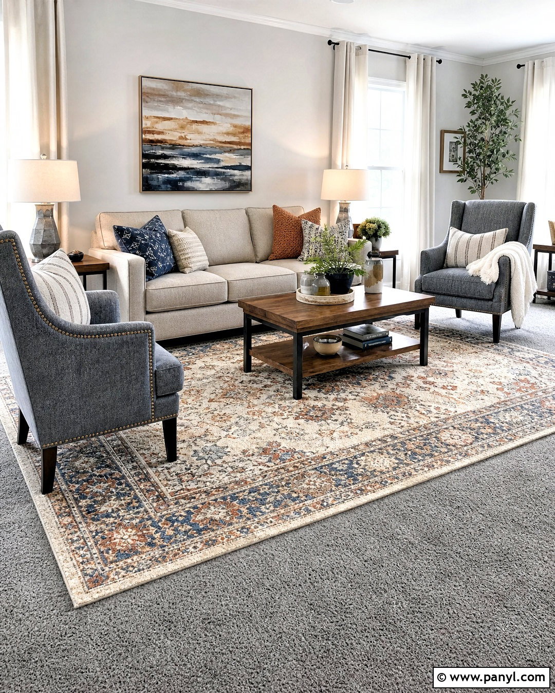 Grey Carpet With A Layered Area Rug - 20 grey carpet living room ideas