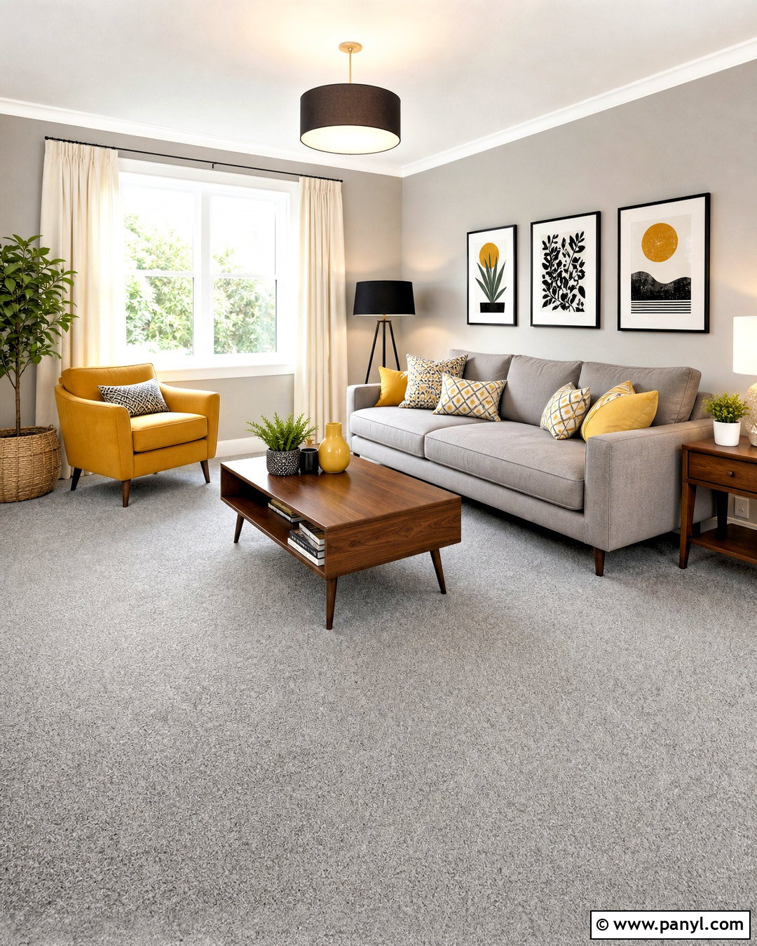Grey Carpet With Mustard Yellow Accents - 20 grey carpet living room ideas