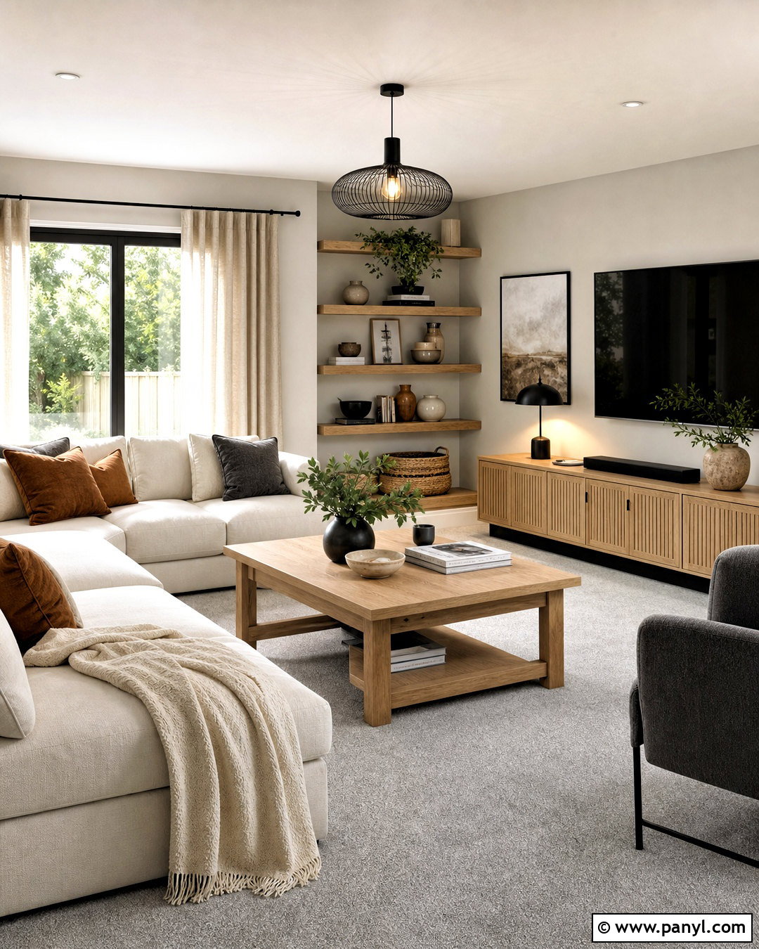 Grey Carpet With Natural Wood Furniture - 20 grey carpet living room ideas
