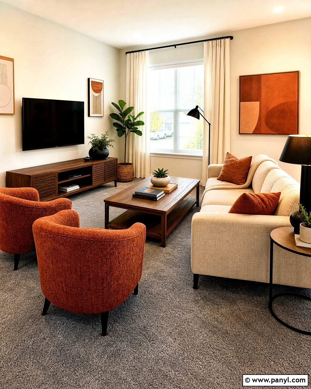 Grey Carpet With Rust Orange Decor - 20 grey carpet living room ideas