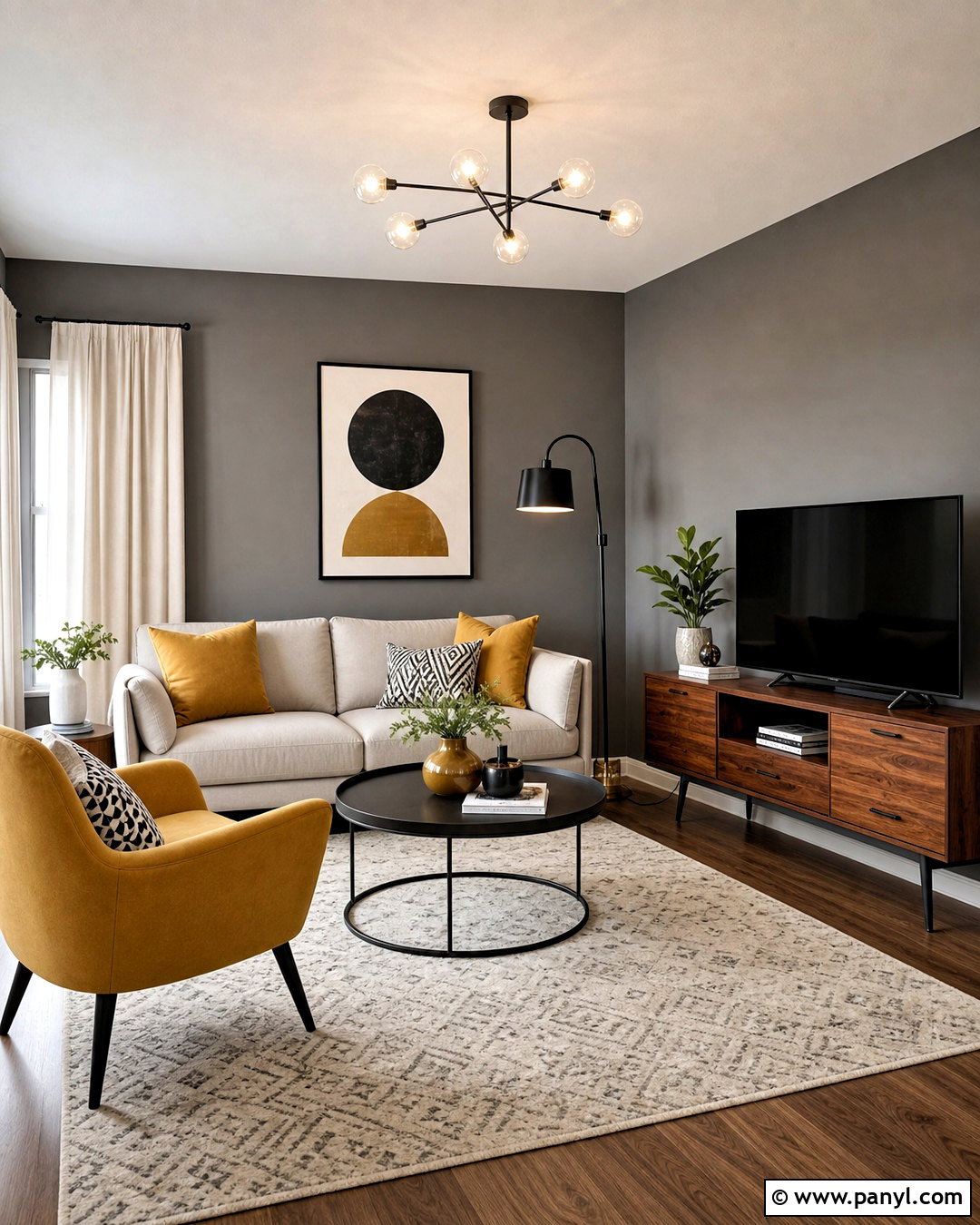 Grey Feature Wall With Mustard Accents - 20 grey feature wall living room ideas