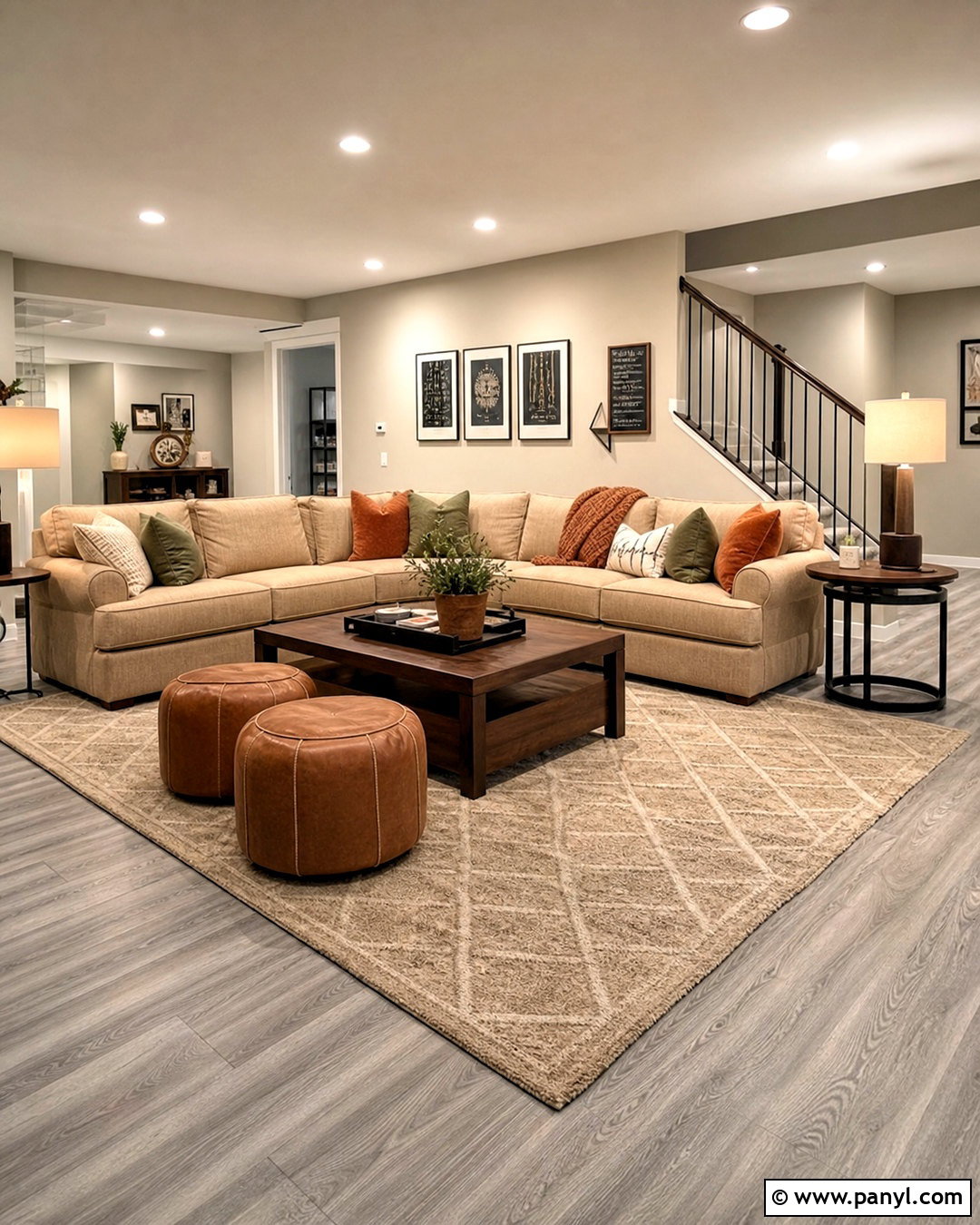 Grey Floor Basement With Warm Lighting - 20 grey floor interior ideas