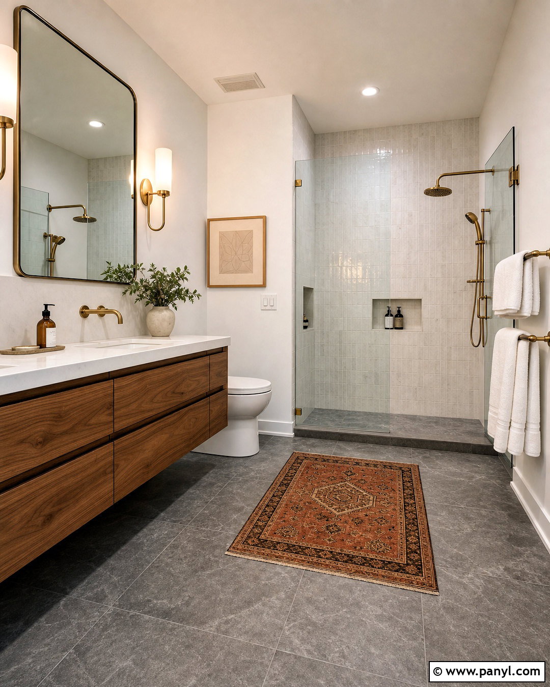 Grey Floor Bathroom With Warm Wood Vanity - 20 grey floor interior ideas