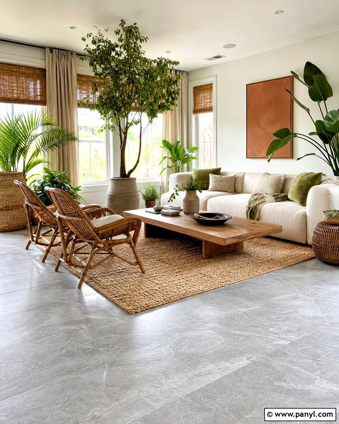 Grey Floors With Plants And Woven Furniture - 20 how to warm up grey floors