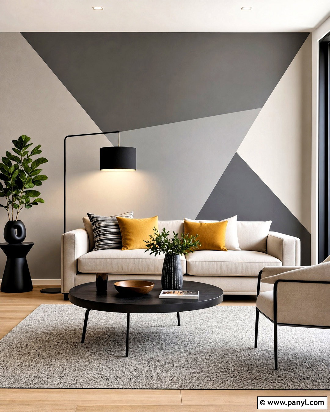Grey Geometric Painted Feature Wall - 20 grey feature wall living room ideas