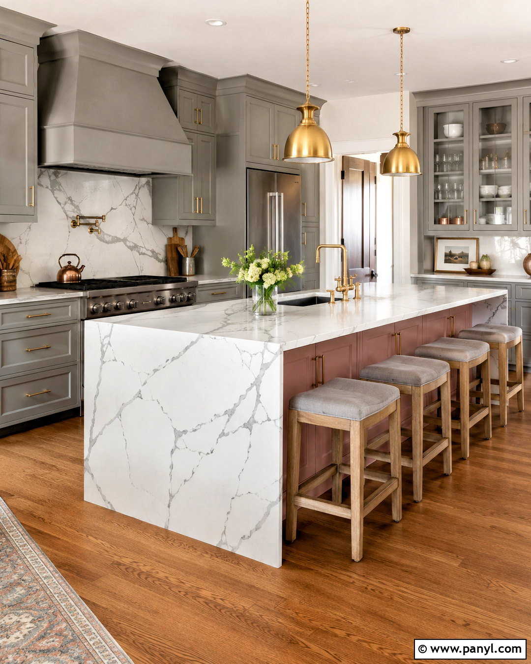 Grey Kitchen With A Pink Island - 20 pink and grey kitchen ideas