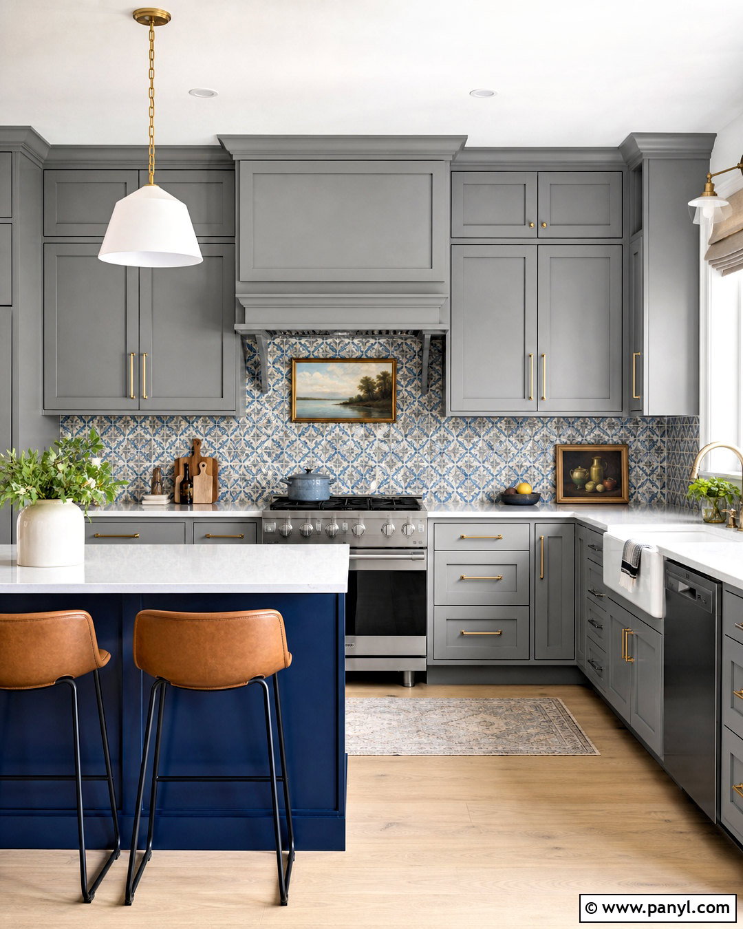 Grey Kitchen With Patterned Blue Tile - 20 grey and blue kitchen ideas