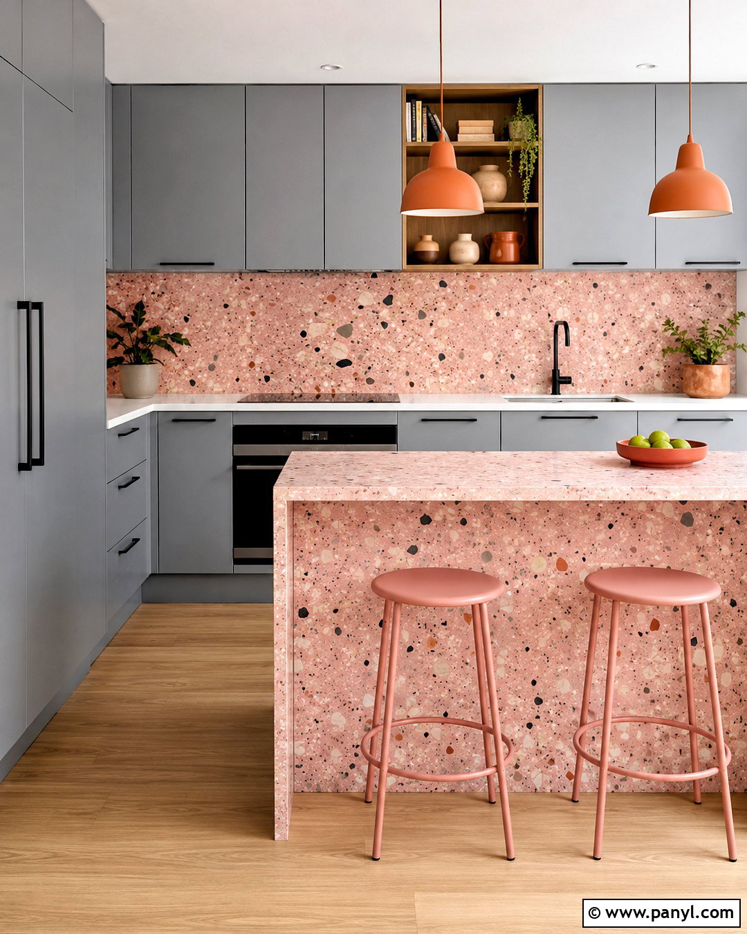 Grey Kitchen With Pink Terrazzo - 20 pink and grey kitchen ideas