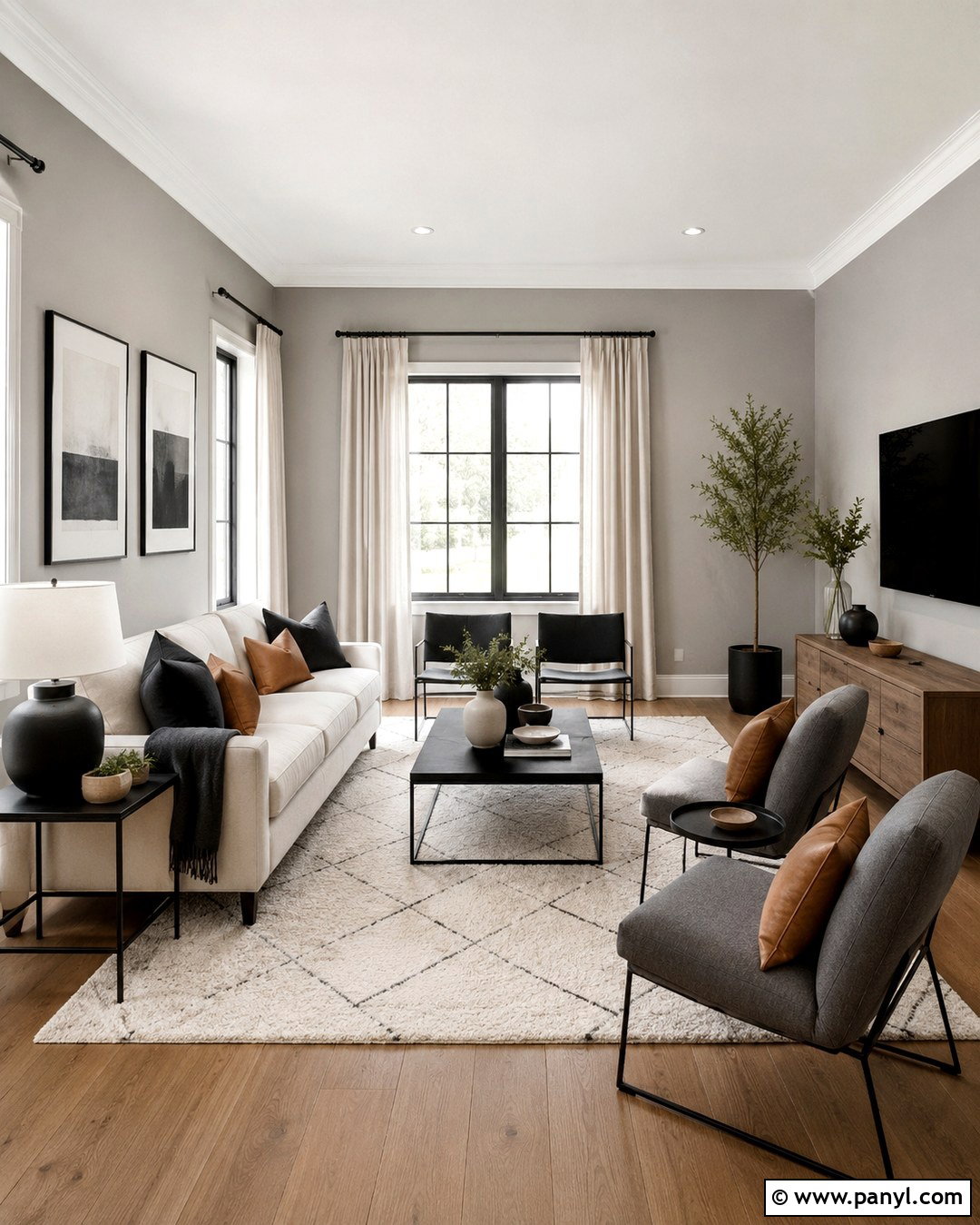 Grey Living Room With Black Accents - 20 Grey Wall White Trim Living Room Ideas