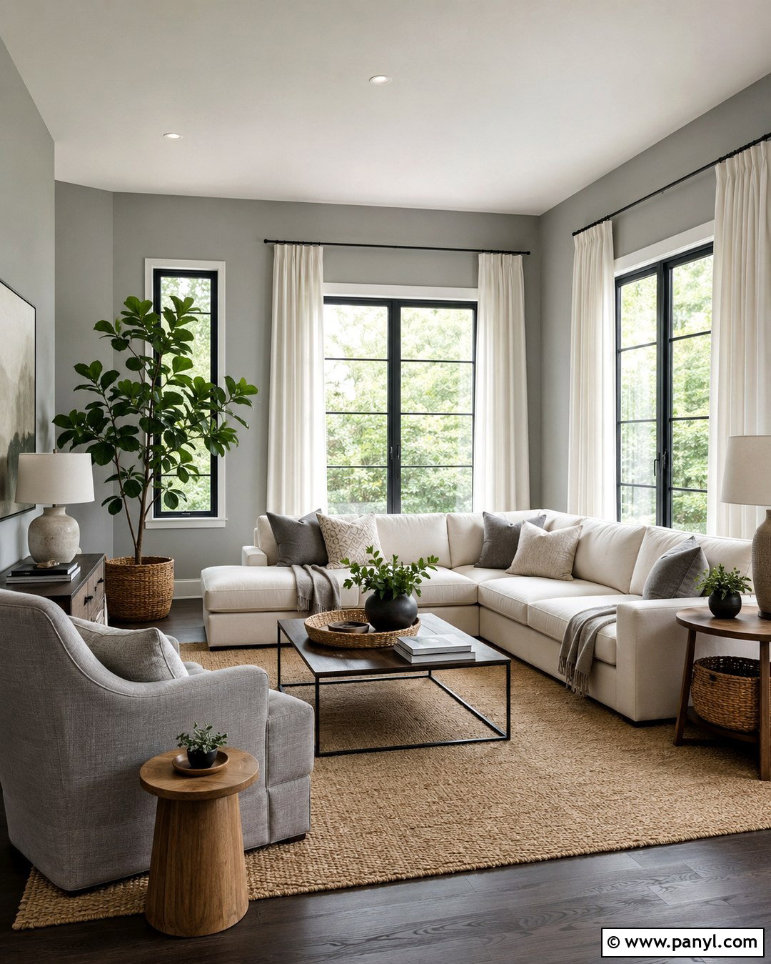 Grey Living Room With Black Window Frames - 20 Black And Grey Wall Paint Ideas