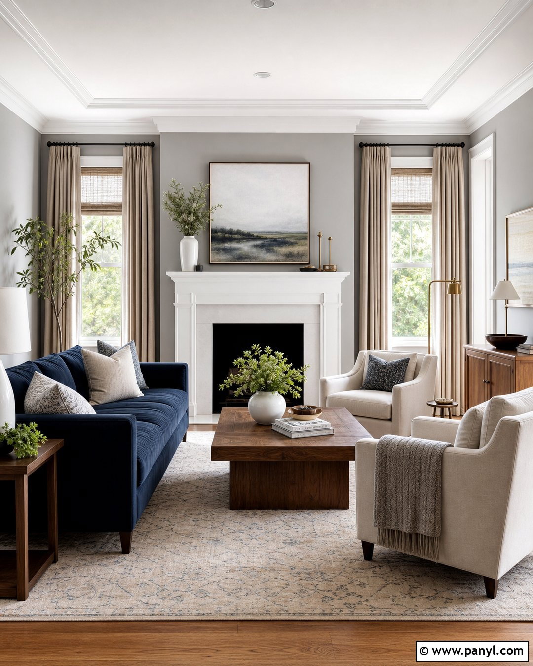Grey Living Room With Blue Sofa - 30 Grey Wall Paint Ideas