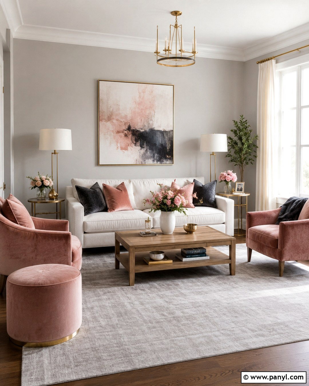 Grey Living Room With Blush Pink Decor - 20 Grey Wall White Trim Living Room Ideas