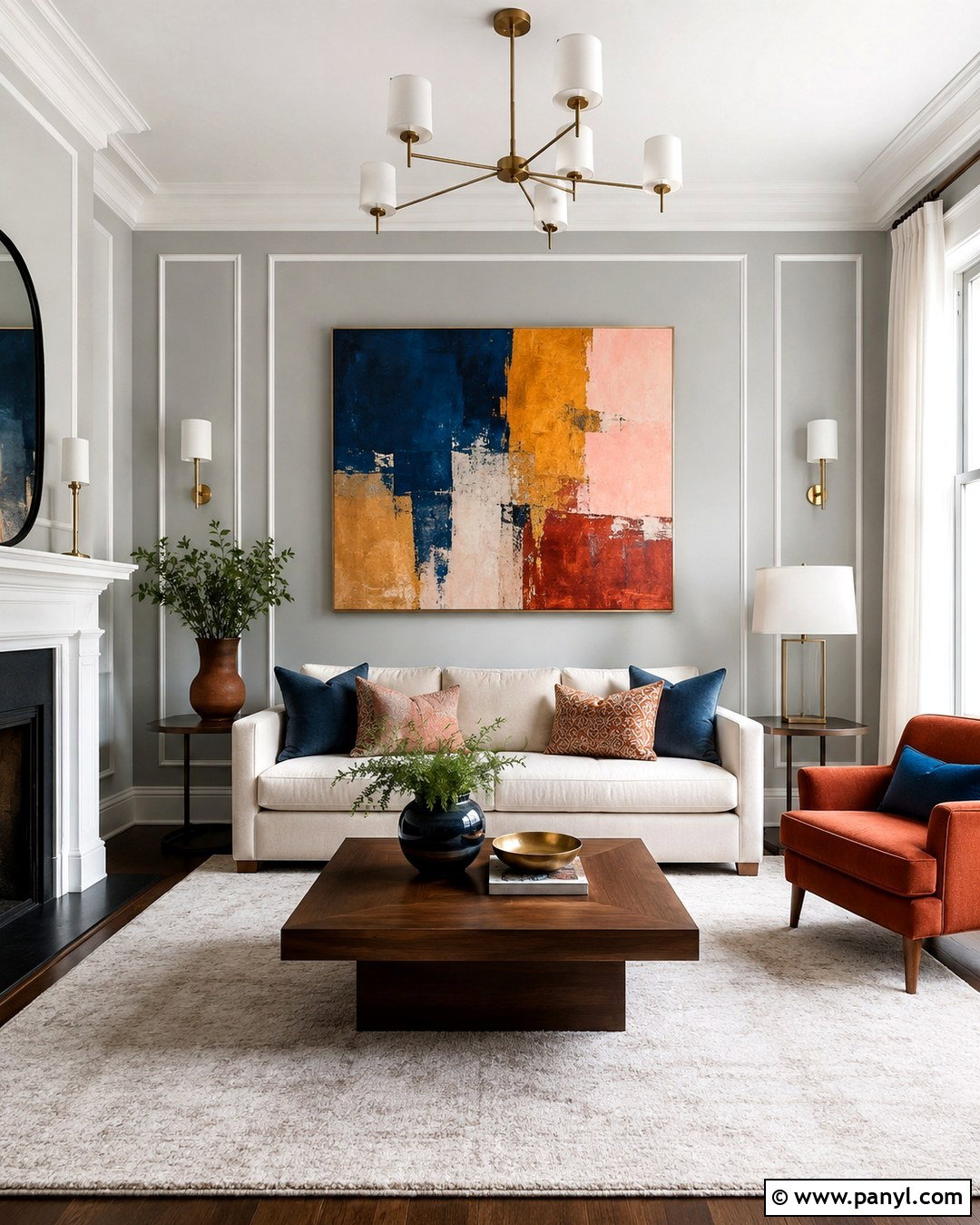 Grey Living Room With Colorful Artwork - 20 Grey Wall White Trim Living Room Ideas