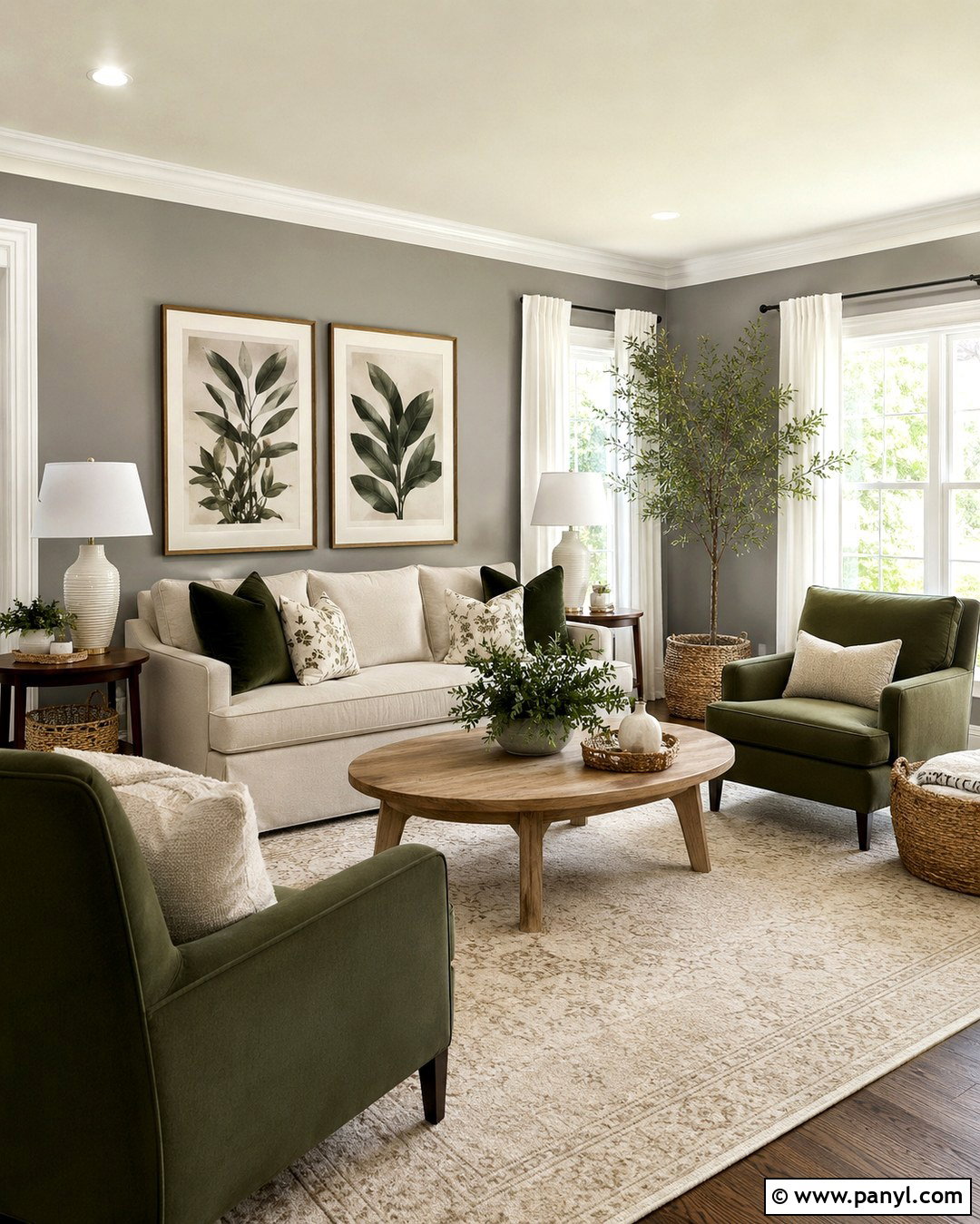 Grey Living Room With Green Accents - 20 Grey Wall White Trim Living Room Ideas