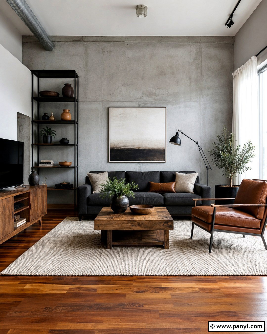 Grey Living Room With Industrial Details - 20 Grey Wall White Trim Living Room Ideas