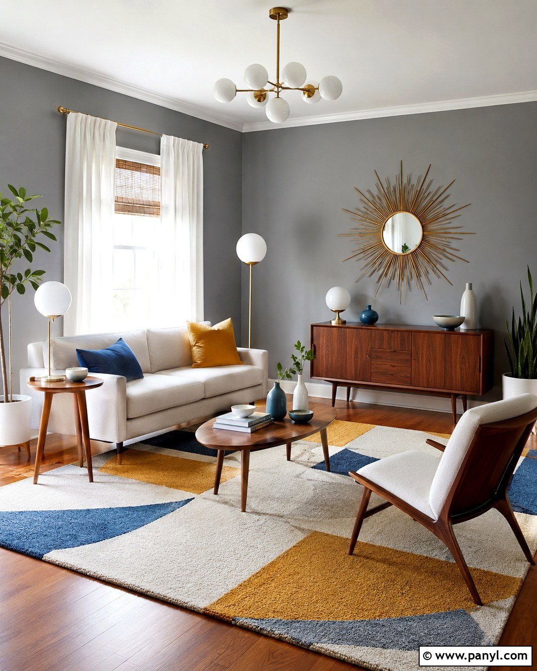Grey Living Room With Midcentury Furniture - 20 Grey Wall White Trim Living Room Ideas