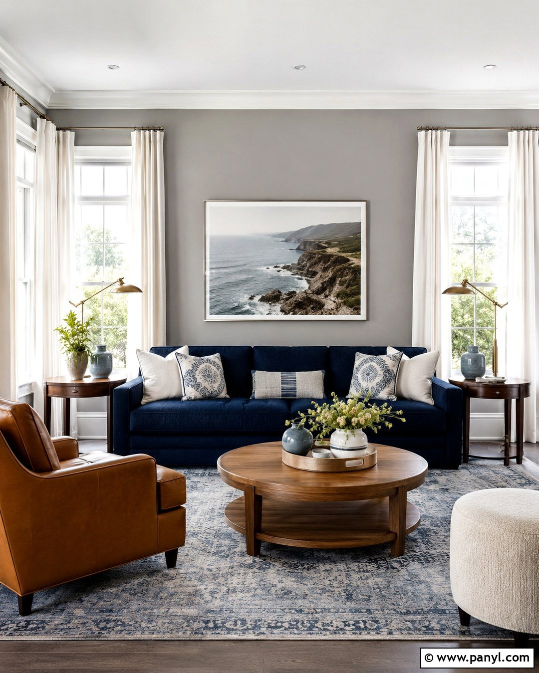Grey Living Room With Navy Sofa - 20 Grey Wall White Trim Living Room Ideas