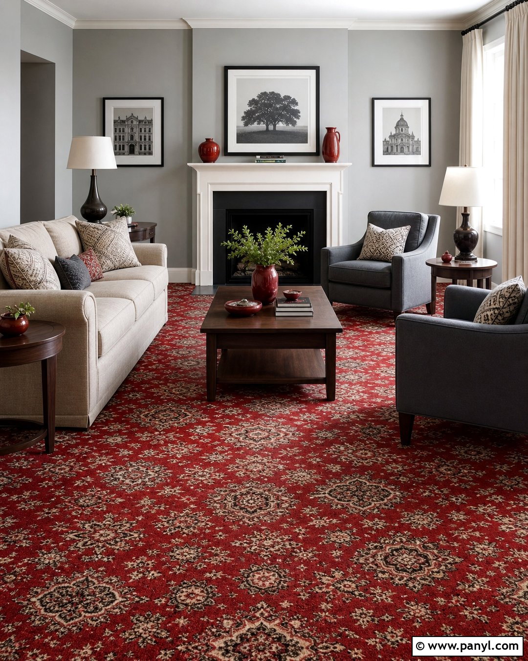 Grey Living Room With Red Patterned Carpet - 20 Red Carpet Grey Walls