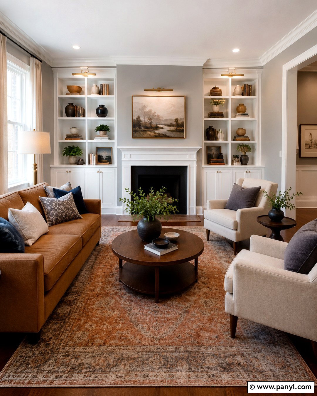 Grey Living Room With White Built-In Shelves - 20 Grey Wall White Trim Living Room Ideas