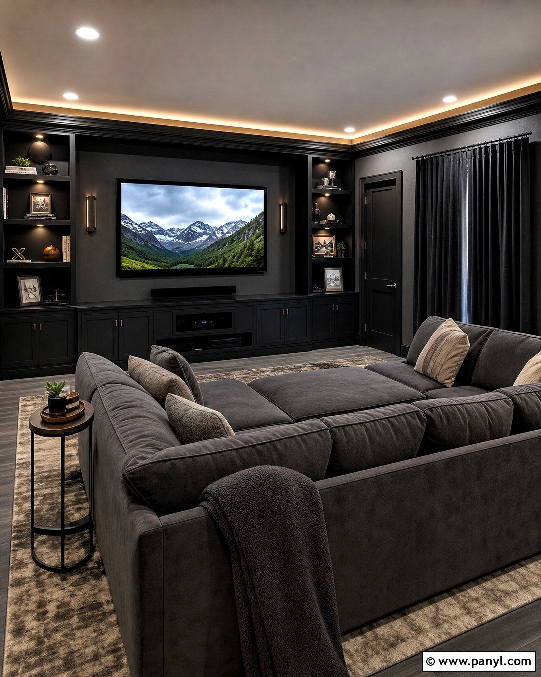 Grey Media Room With Black Trim - 20 grey walls with black trim ideas