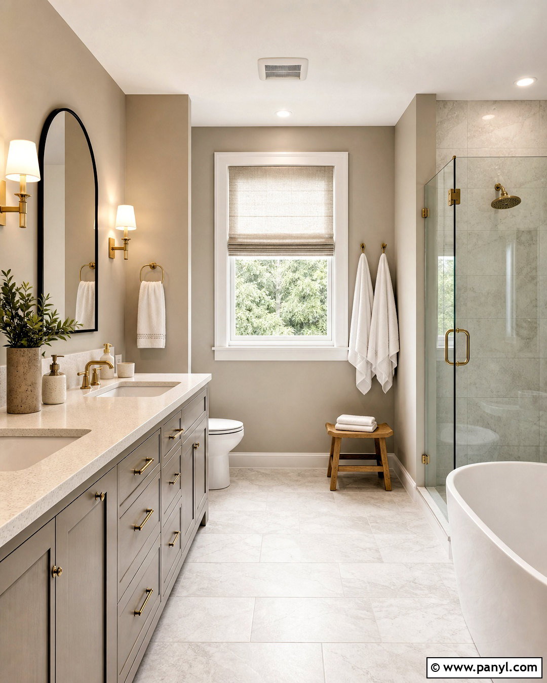 Grey Restroom With Brass Fixtures - 20 grey restroom ideas