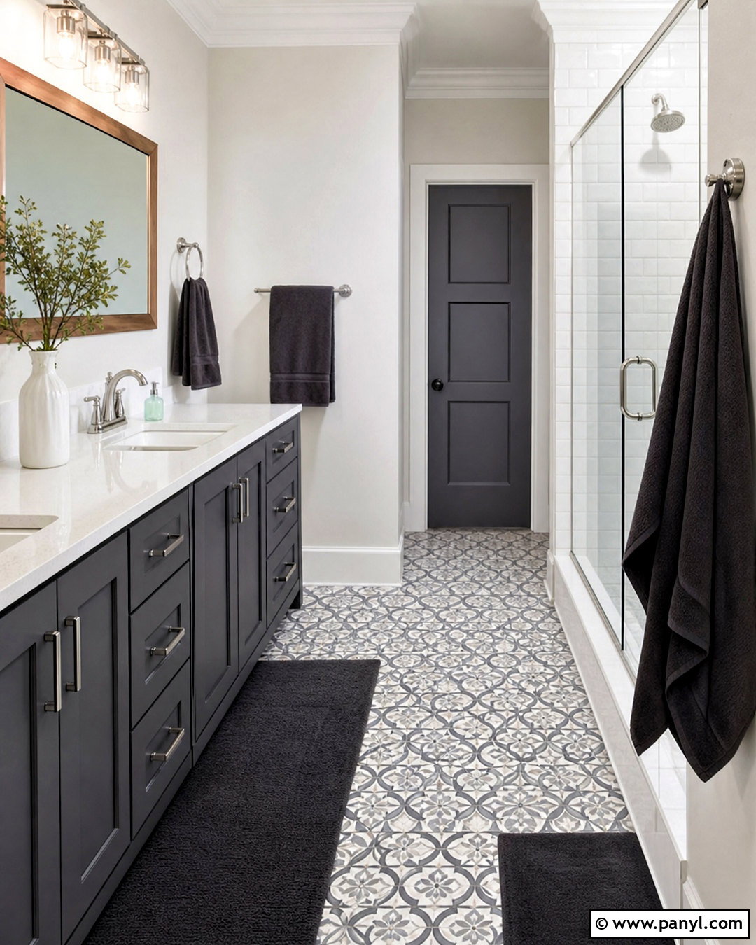 Grey Restroom With Patterned Floor - 20 grey restroom ideas