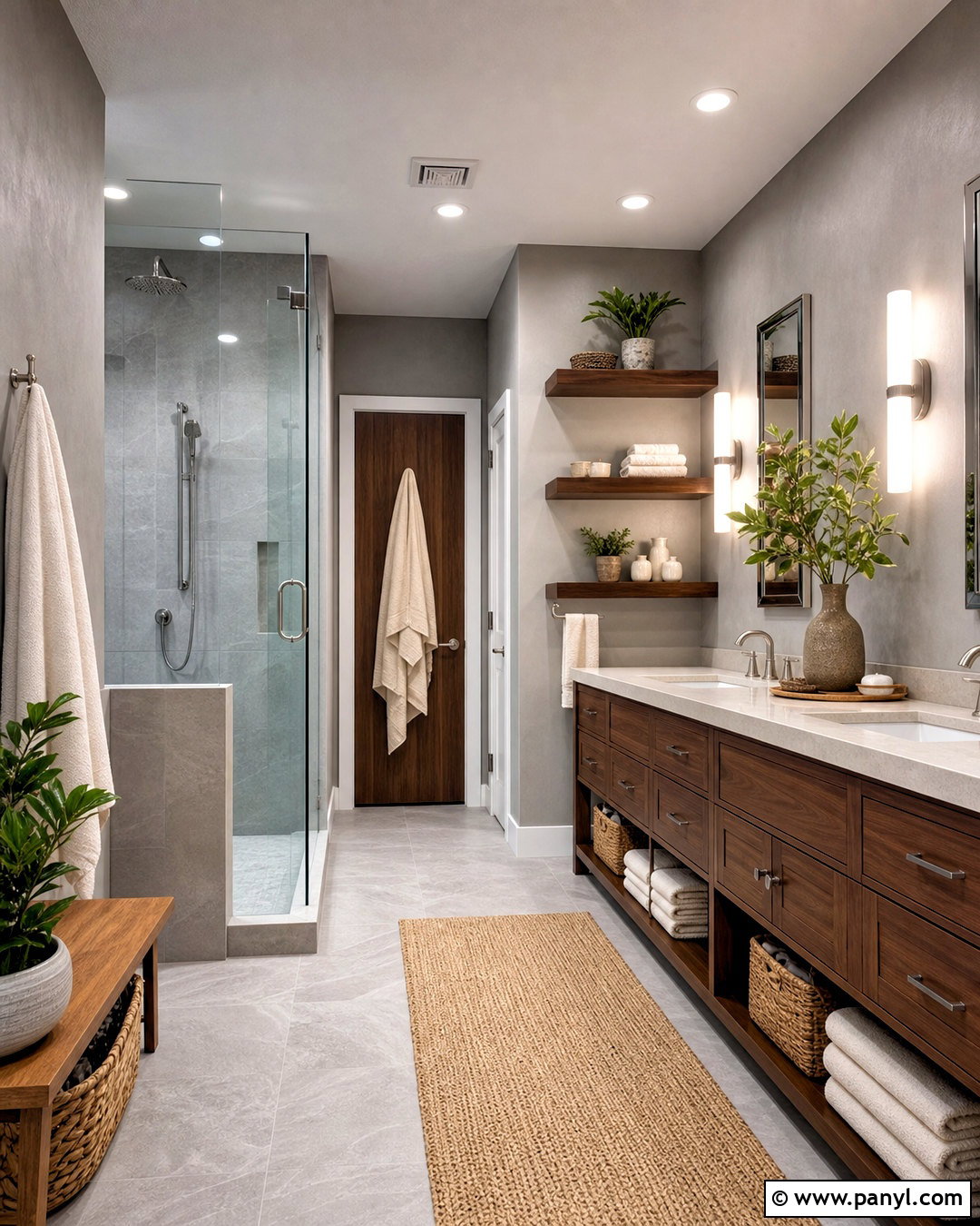 Grey Restroom With Warm Wood - 20 grey restroom ideas