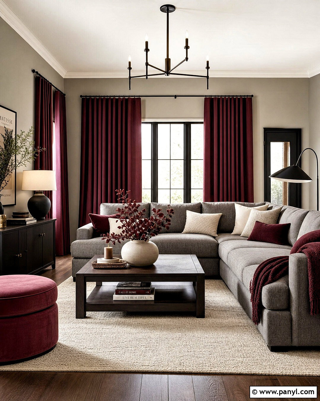 Grey Sectional With Burgundy Curtains - 20 grey and burgundy living room ideas