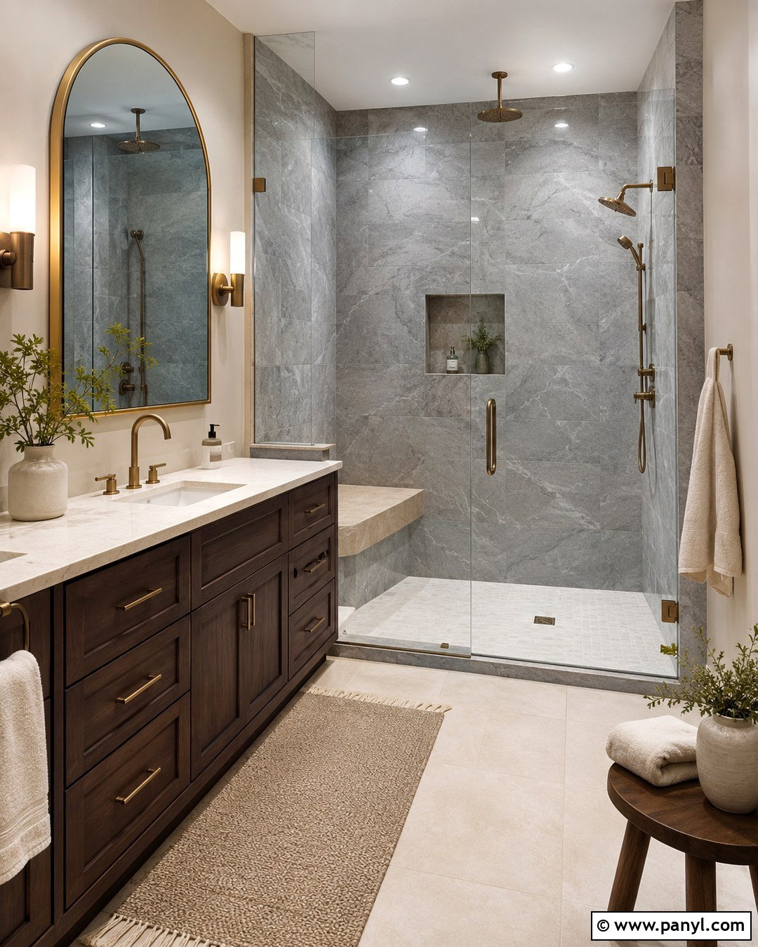 Grey Shower Walls With Brass Fixtures - 20 Grey Shower Walls