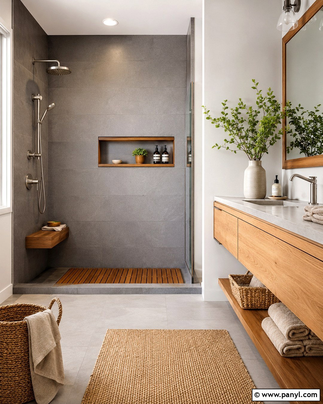 Grey Shower Walls With Wood Accents - 20 Grey Shower Walls