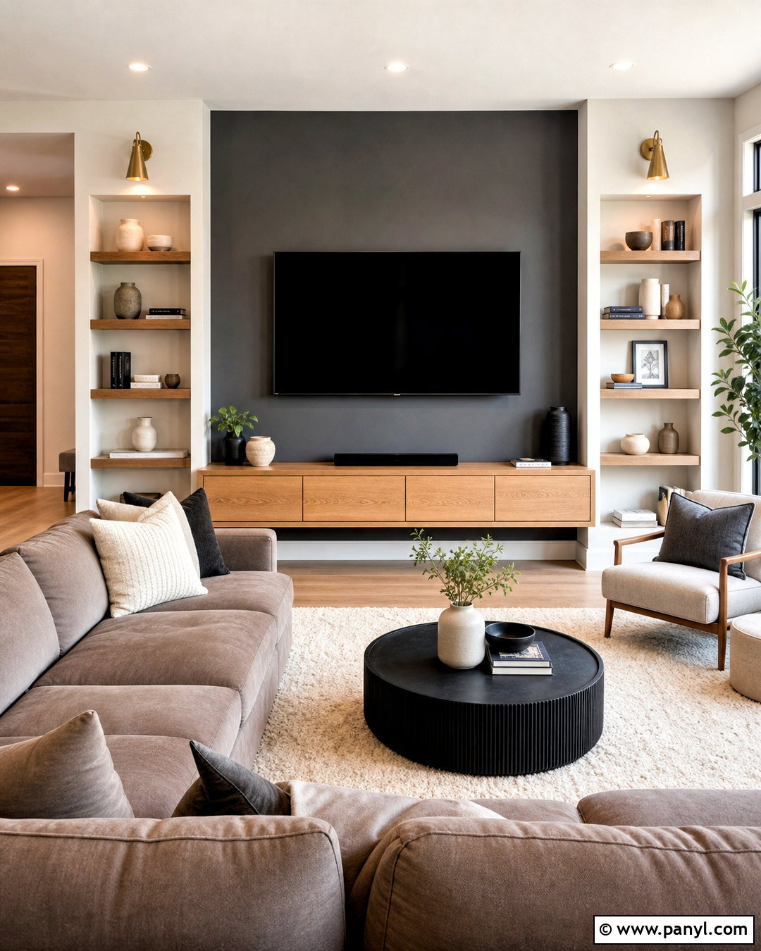 Grey TV Accent Wall With Built-Ins - 20 grey accent wall living room ideas