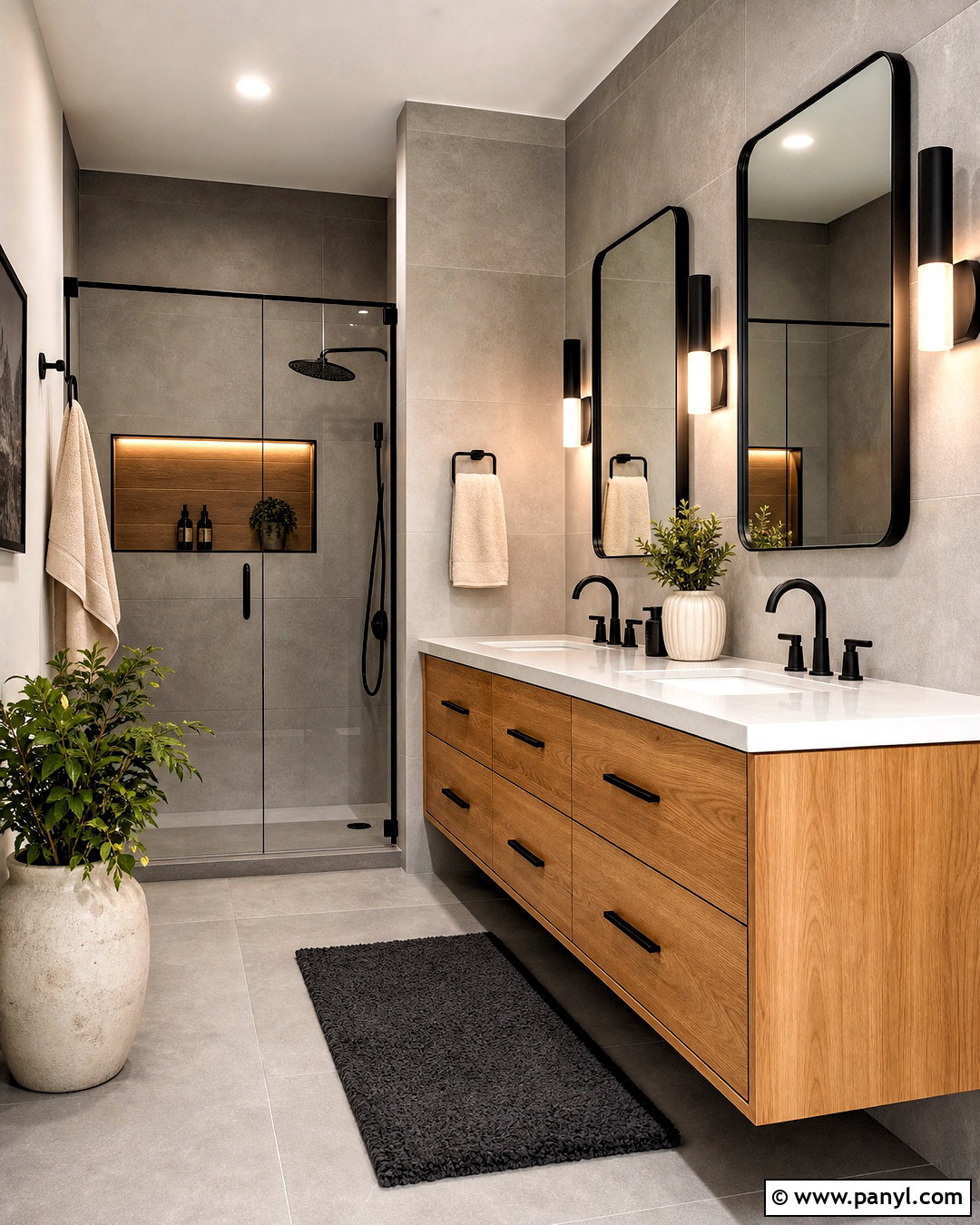 Grey Tile Bathroom With Black And Warm Wood - 20 grey tile bathroom ideas color schemes
