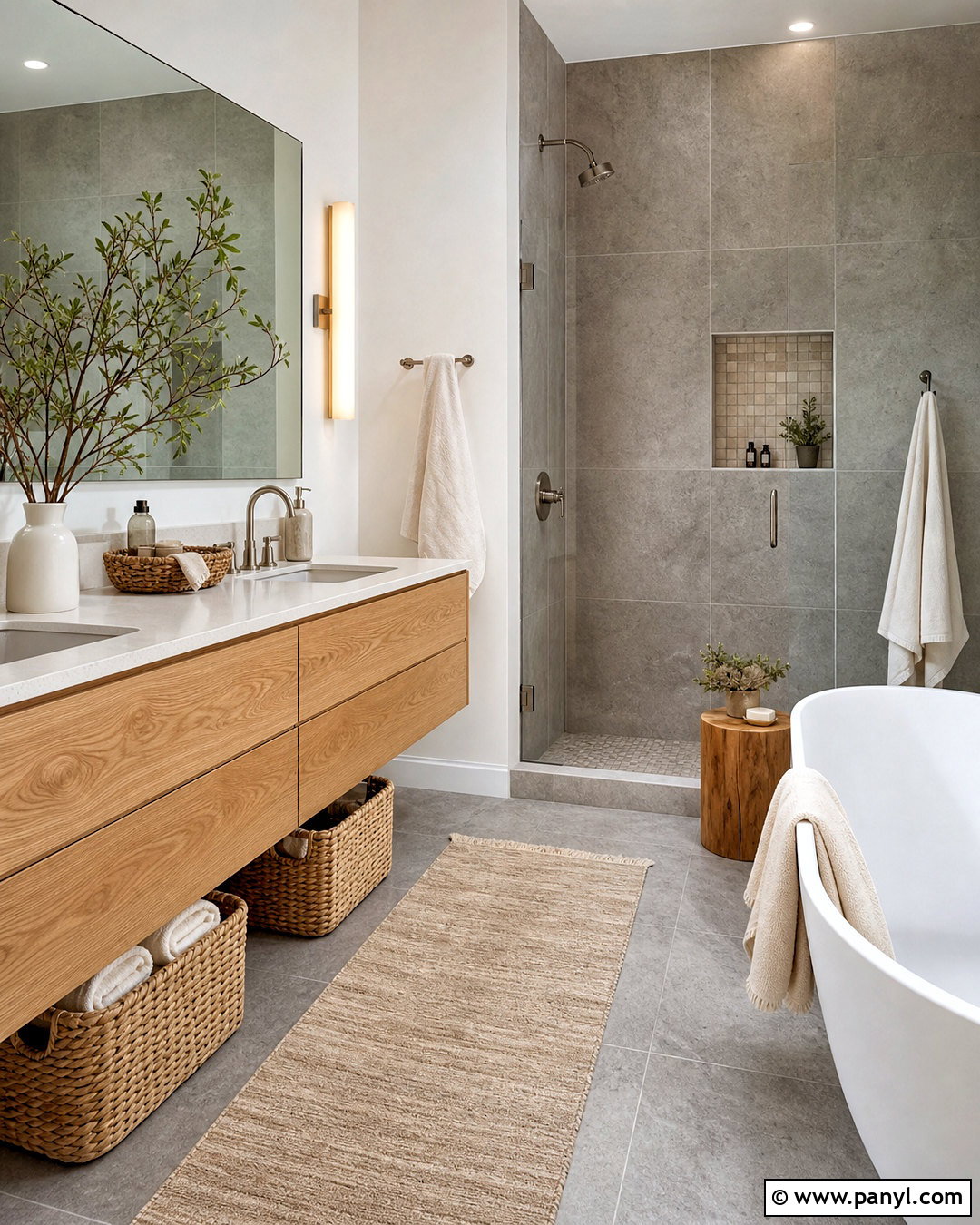 Grey Tile Bathroom With Warm Wood - 20 grey tile bathroom ideas color schemes
