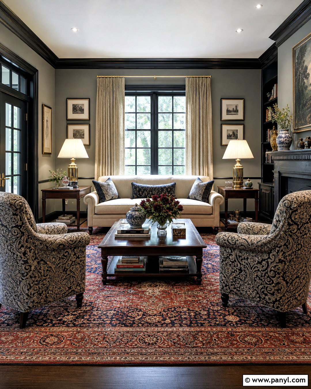 Grey Traditional Living Room With Black Trim - 20 grey walls with black trim ideas