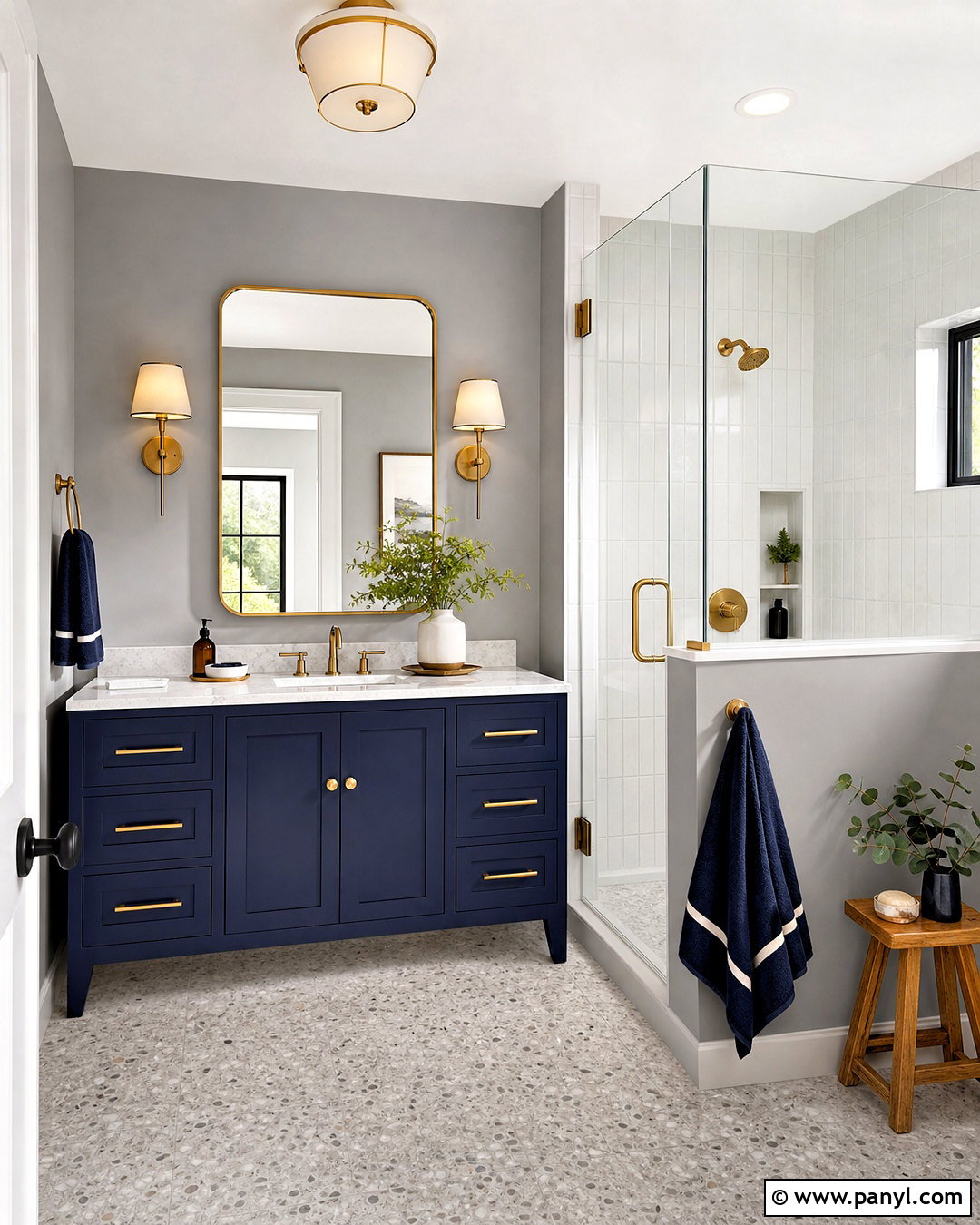 Grey Wall Bathroom With Brass Accents - 20 grey wall bathroom ideas
