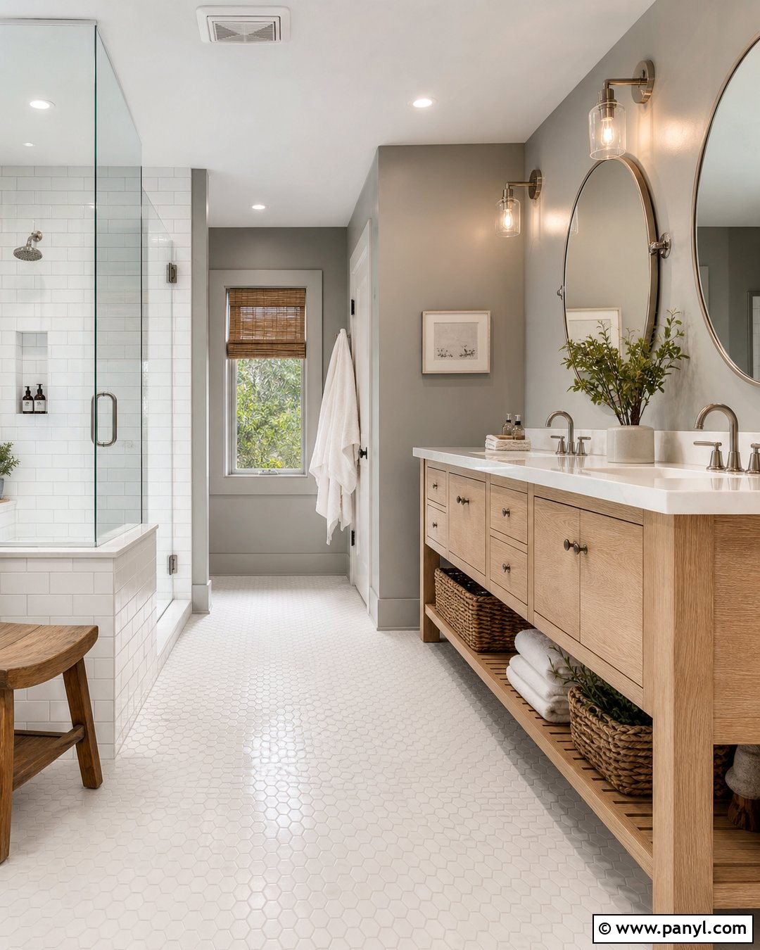 Grey Wall Bathroom With White Tile - 30 Grey Wall Interior Ideas