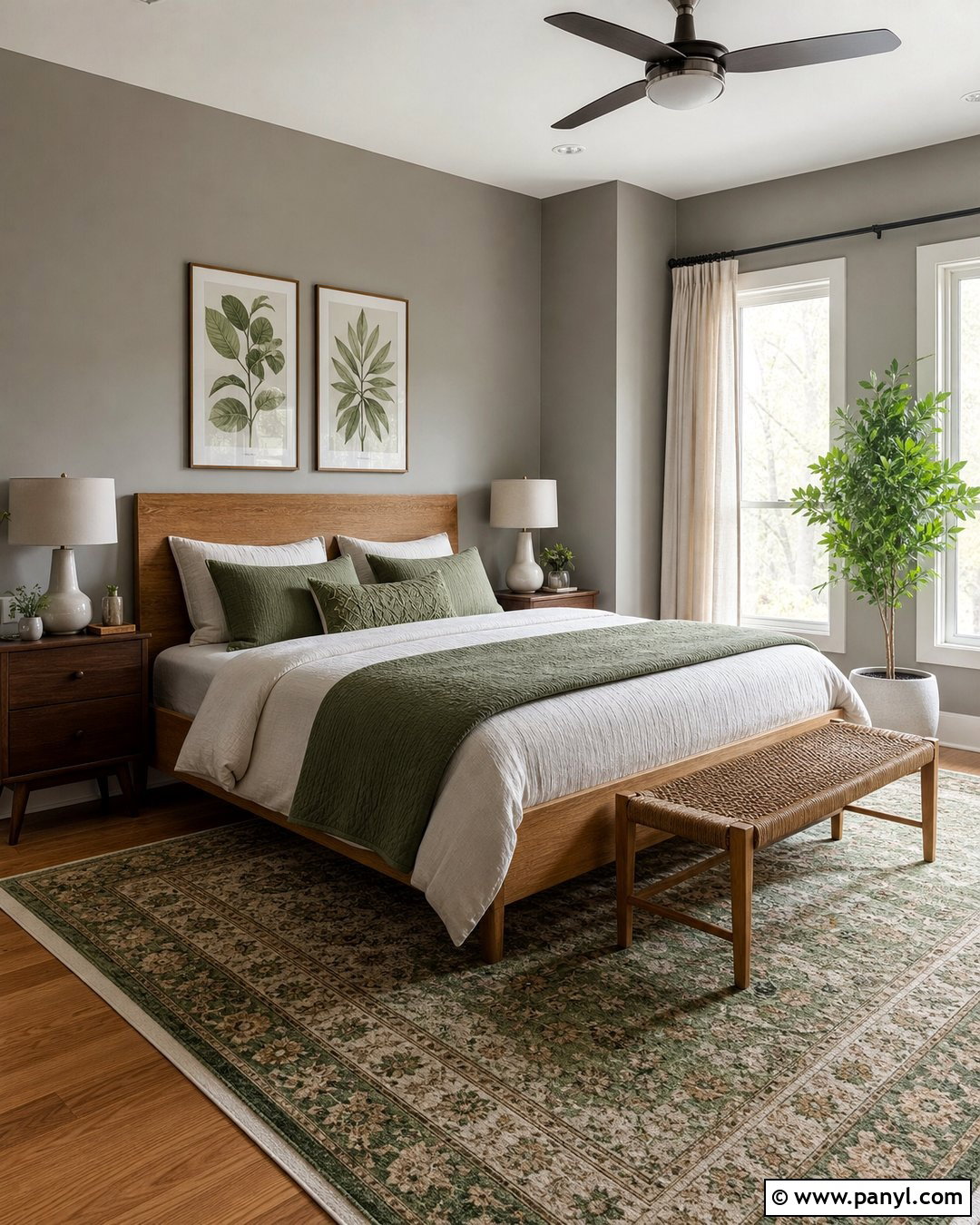Grey Wall Bedroom With Green Accents - 35 Grey Wall Room Ideas