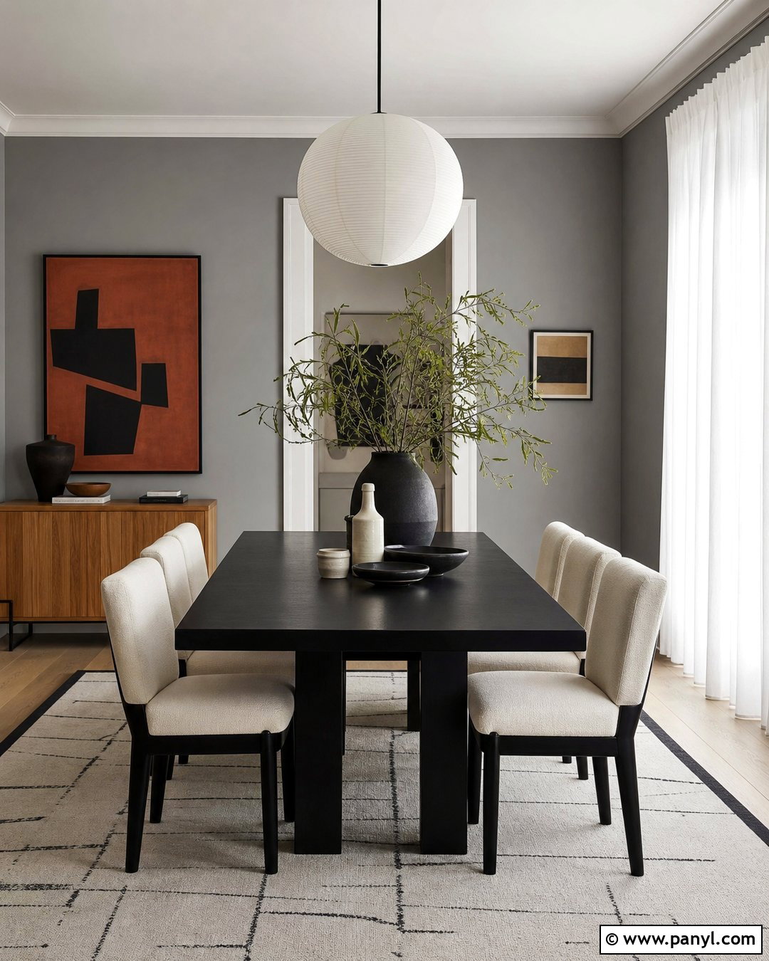 Grey Wall Dining Room With Black Table - 35 Grey Wall Room Ideas