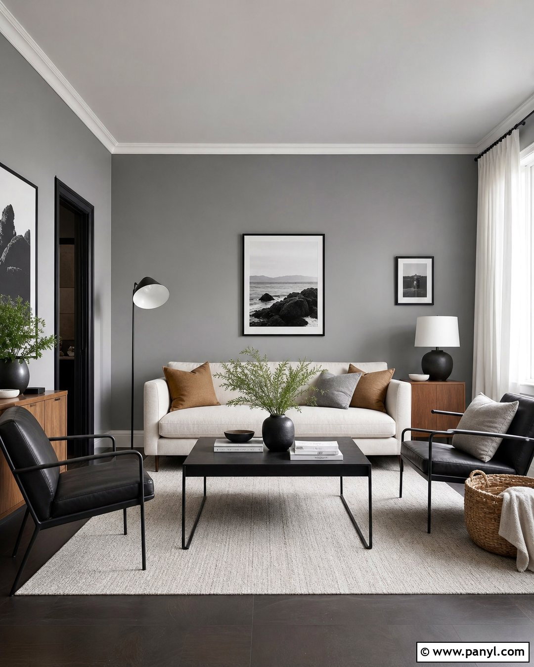 Grey Wall Living Room With Black Accents - 35 Grey Wall Room Ideas