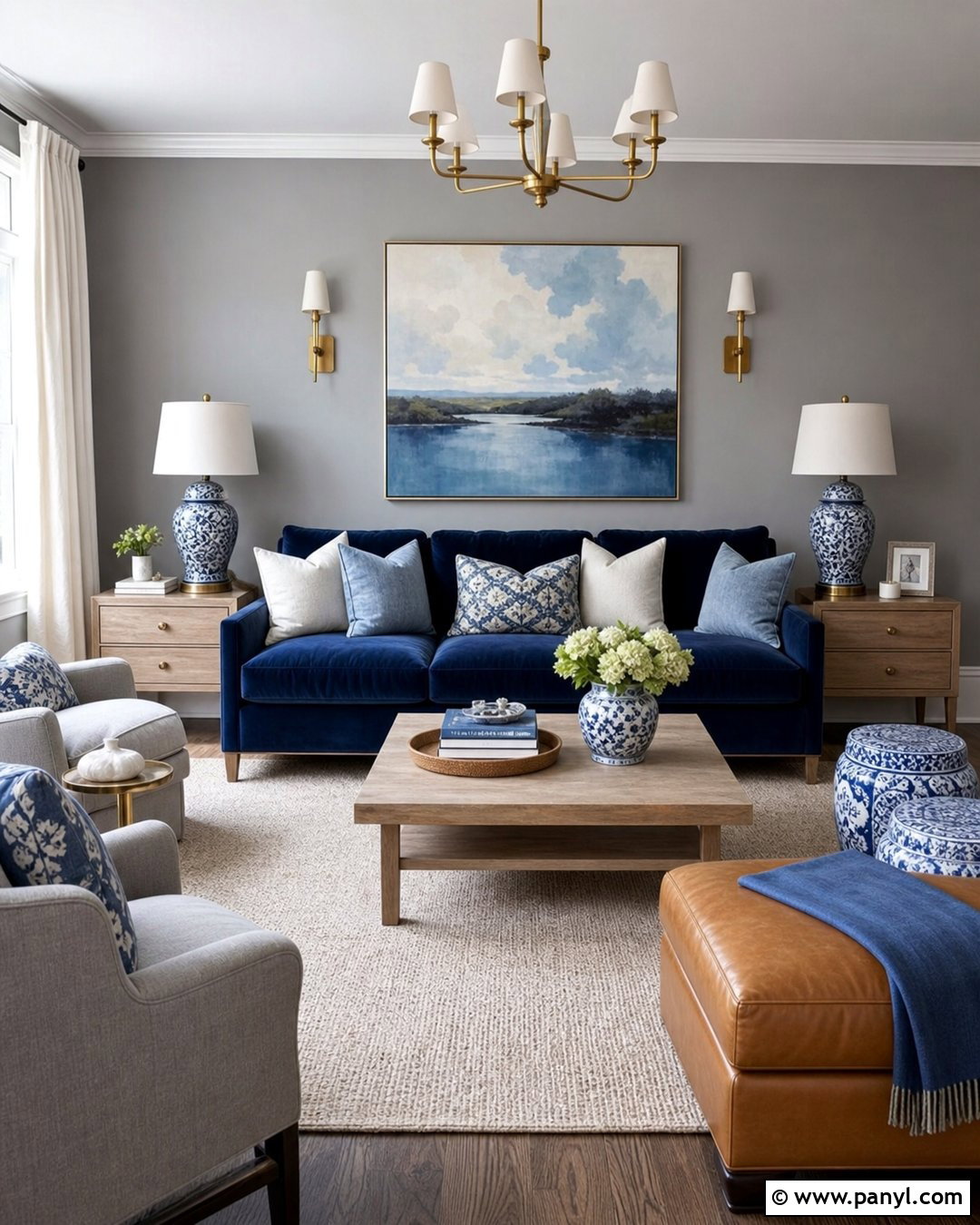 Grey Wall Living Room With Blue Accents - 35 Grey Wall Room Ideas