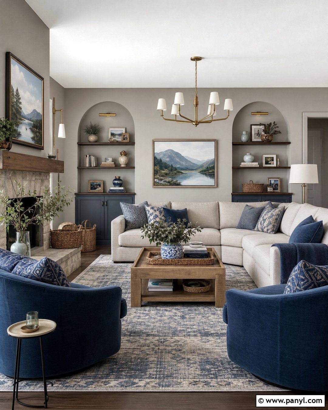 Grey Wall Living Room With Blue Accents - 30 Grey Wall Interior Ideas