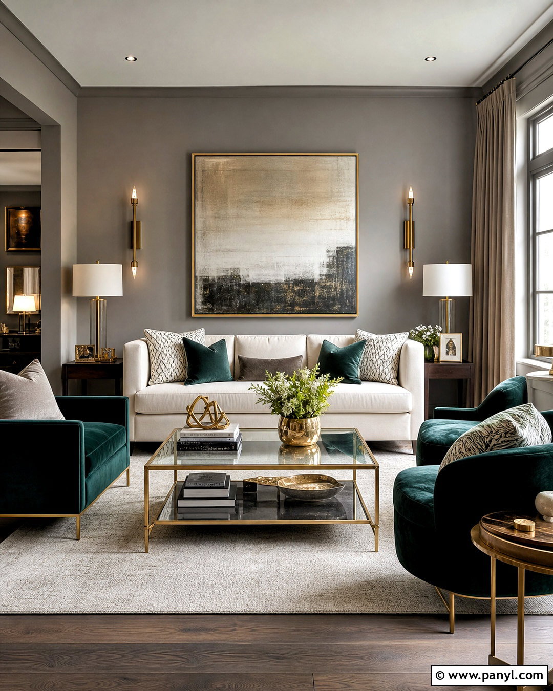 Grey Wall Living Room With Brass Accents - 20 grey wall living room ideas