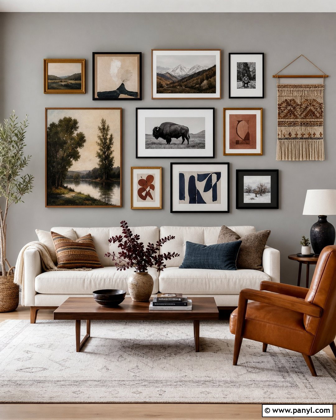 Grey Wall Living Room With Gallery Wall - 35 Grey Wall Room Ideas