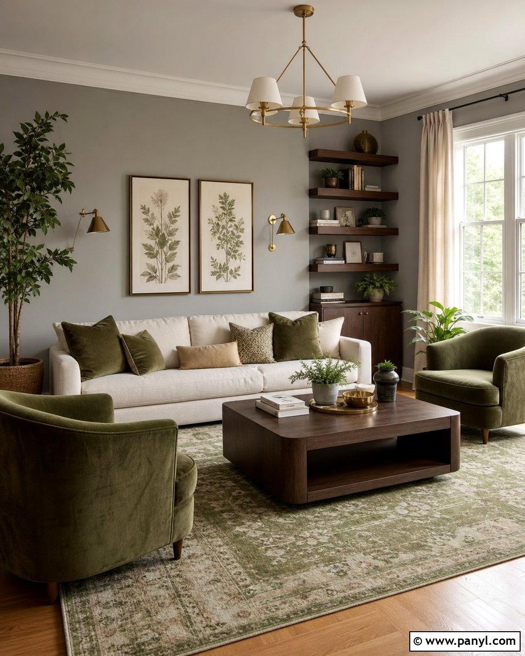 Grey Wall Living Room With Green Accents - 30 Grey Wall Interior Ideas
