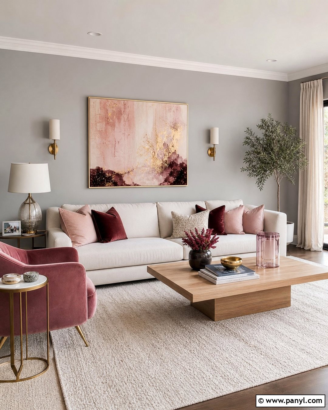 Grey Wall Living Room With Pink Accents - 35 Grey Wall Room Ideas