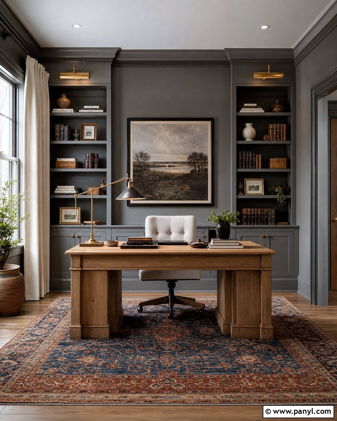 Grey Wall Office With Built-In Shelves - 30 Grey Wall Interior Ideas