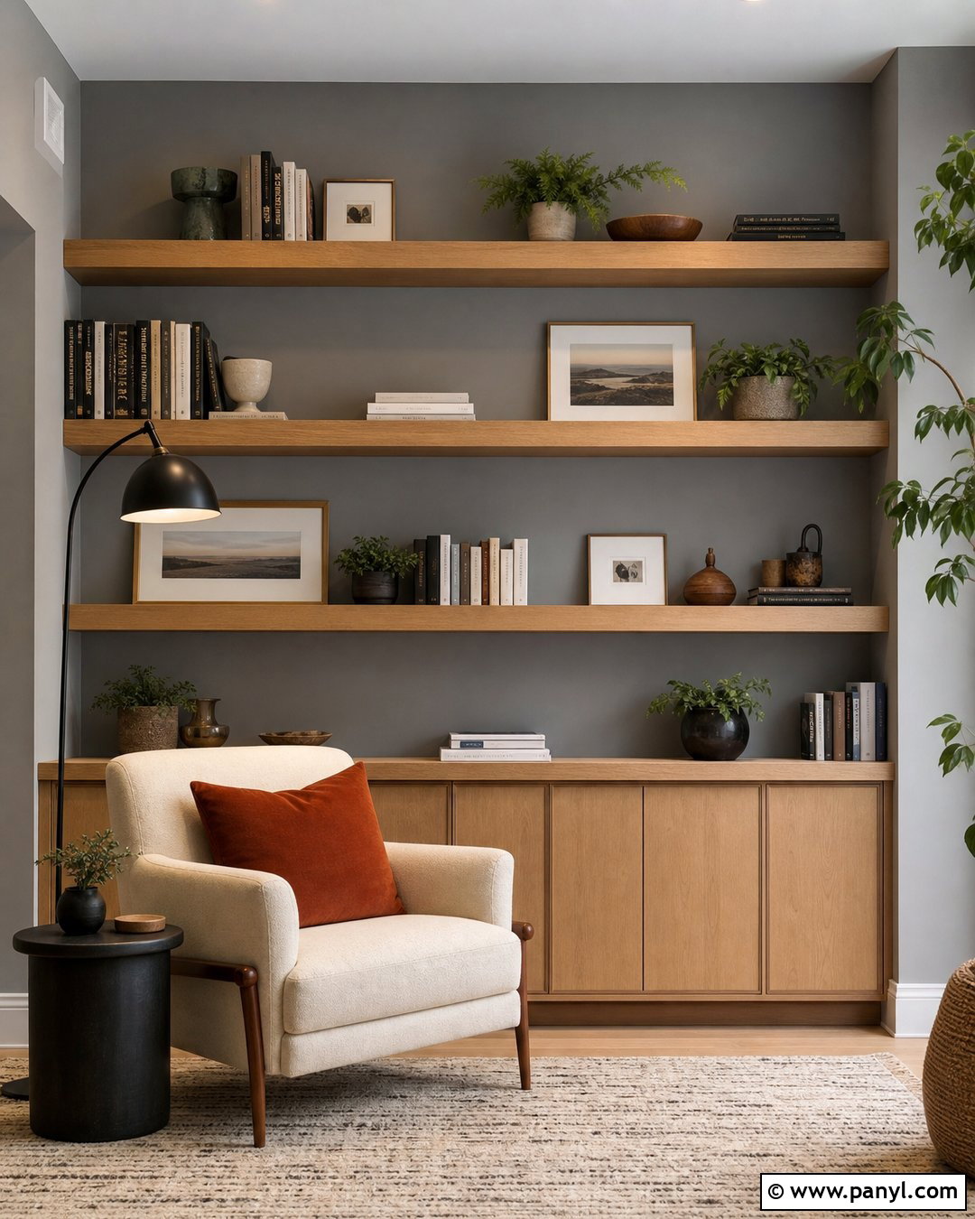 Grey Wall With Floating Shelves - 50 grey wall ideas