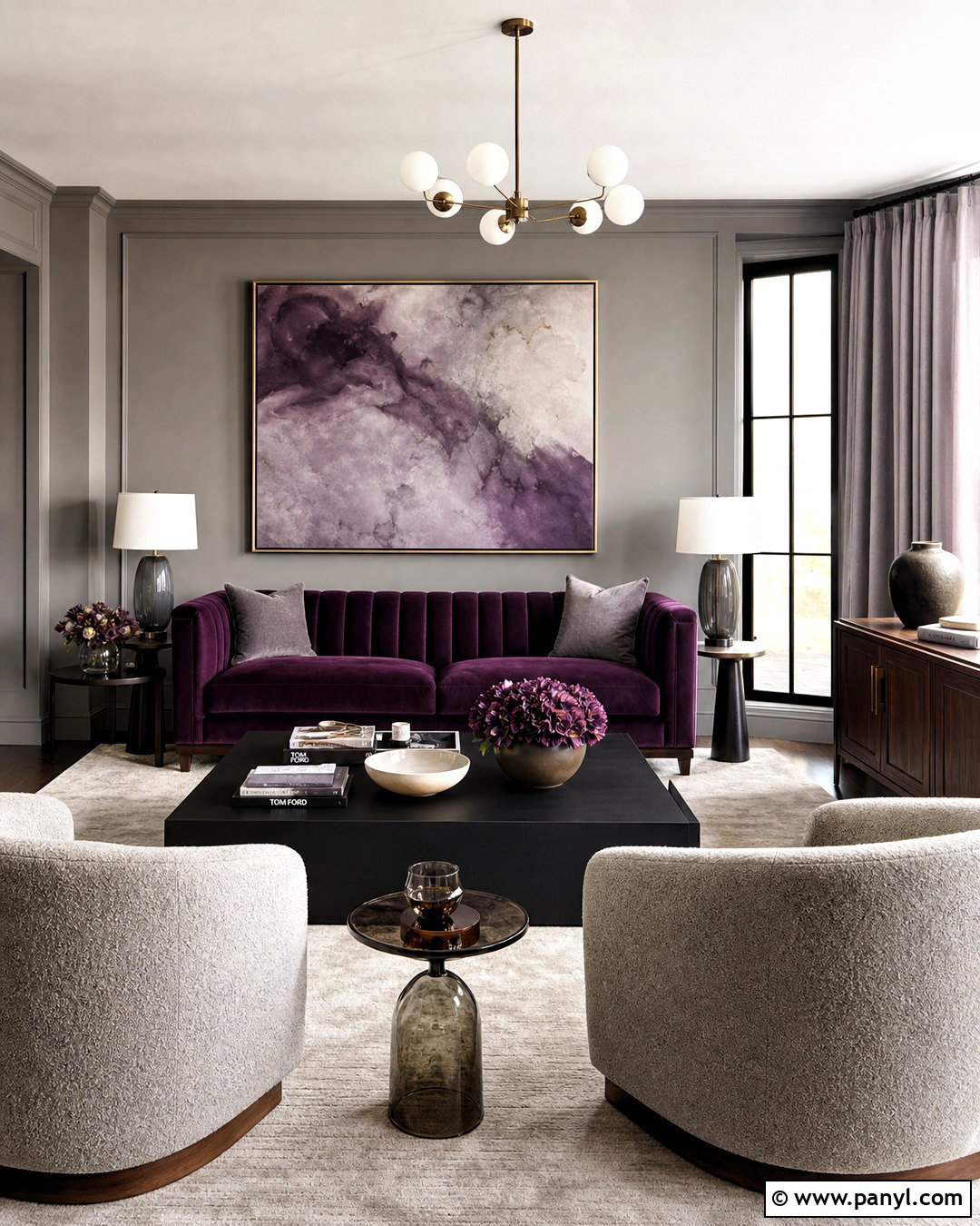 Grey Walls And Purple Velvet Sofa - 20 purple and grey living room ideas